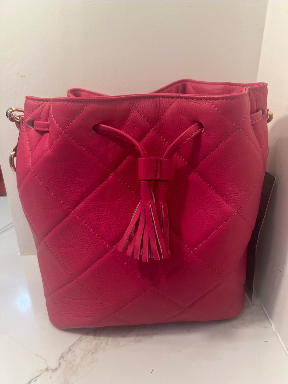 Quilted Tassel Drawstring Crossbody Bag - Hot Pink